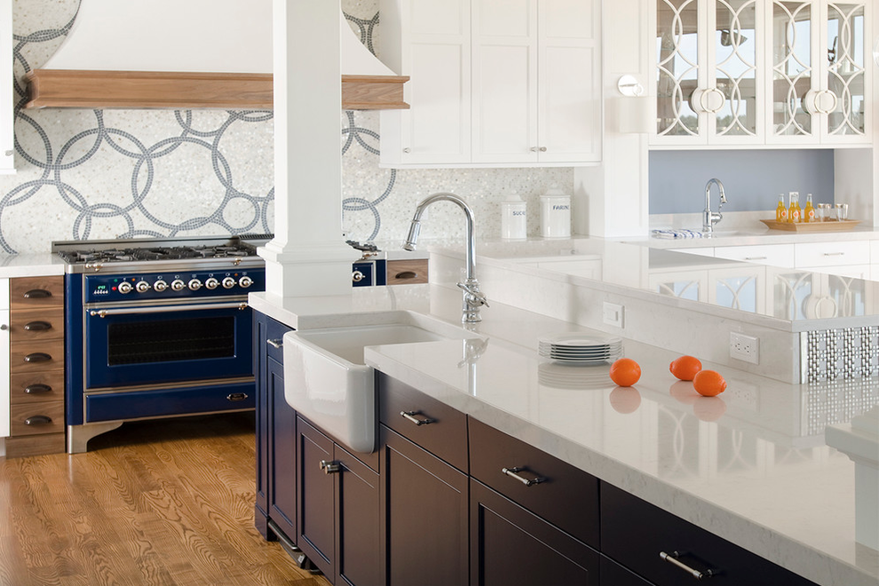 silestone lagoon quartz countertops white blue shaker cabinets farmhouse sink mosaic backsplash