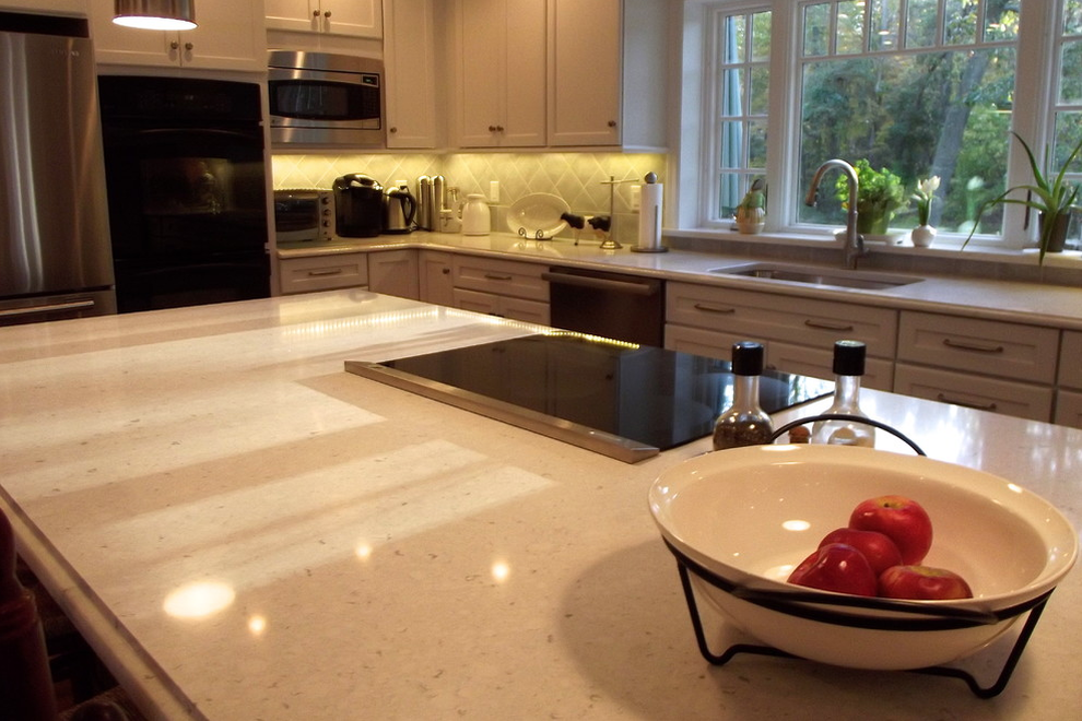 white quartz countertops shaker cabinets tile backsplash