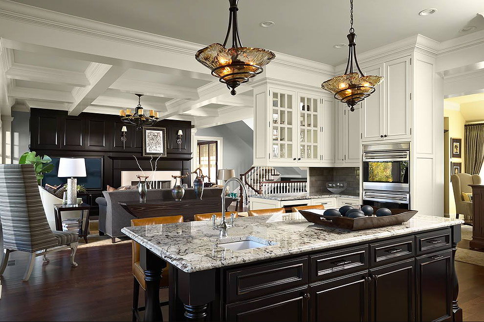 arctic cream granite counter tops dark cabinets dark wood floor gray backsplash