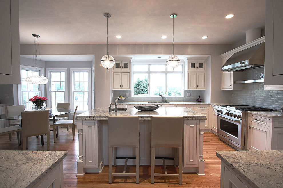large kitchen glass tiles hardwood floor granite countertops
