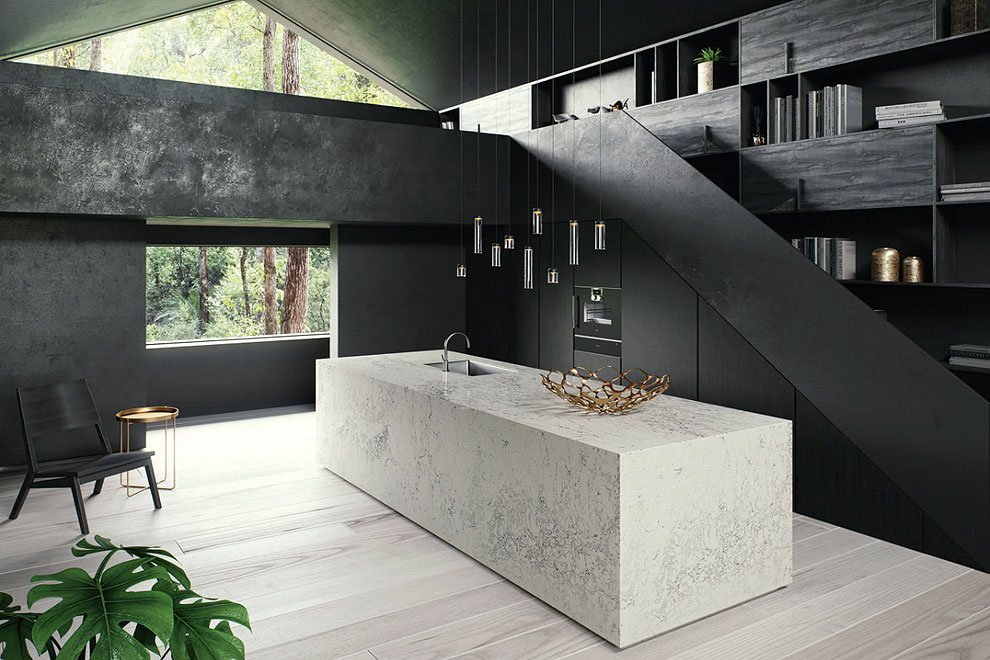 caesarstone montblanc quartz counters gray porcelain floor tile black cabinets
