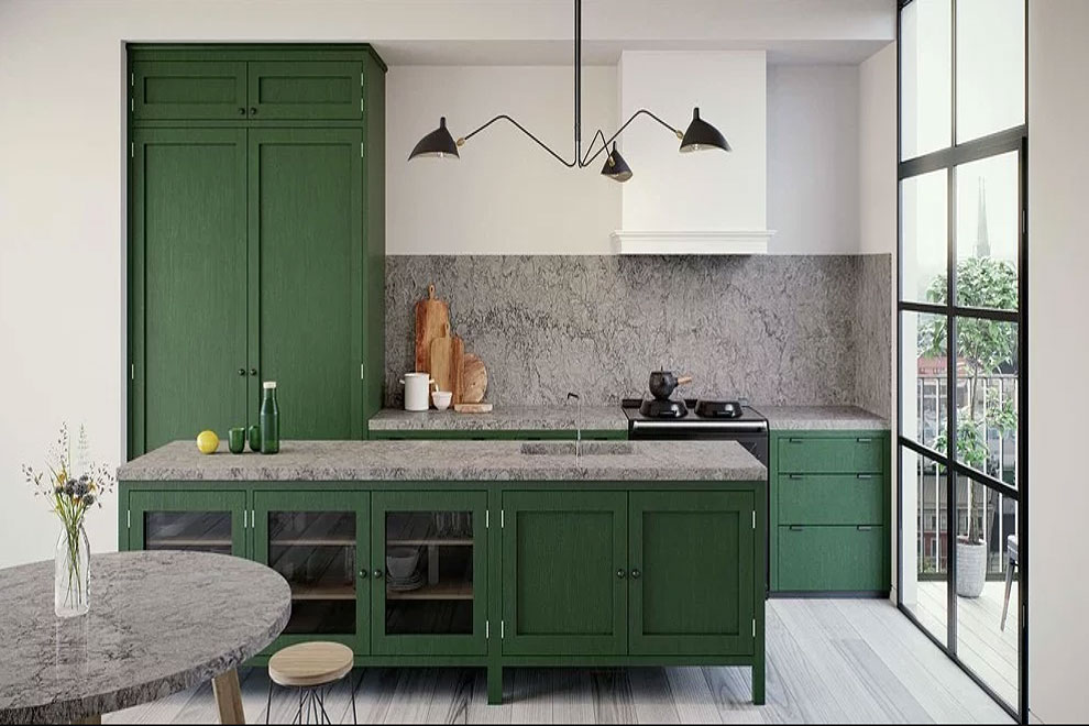 caesarstone turbine grey quartz kitchen counters green cabinets gray floor