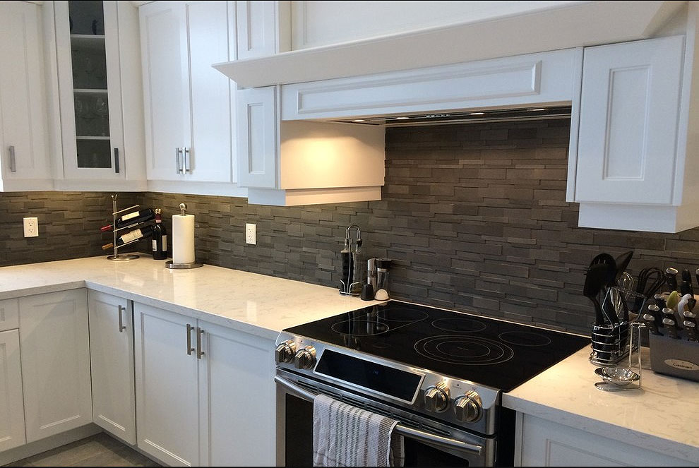 cambria torquay kitchen countertops white cabinets gray stone tile backsplash