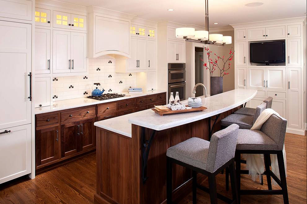 cambria torquay counter tops white shaker cabinets dark wood floor tile backsplash