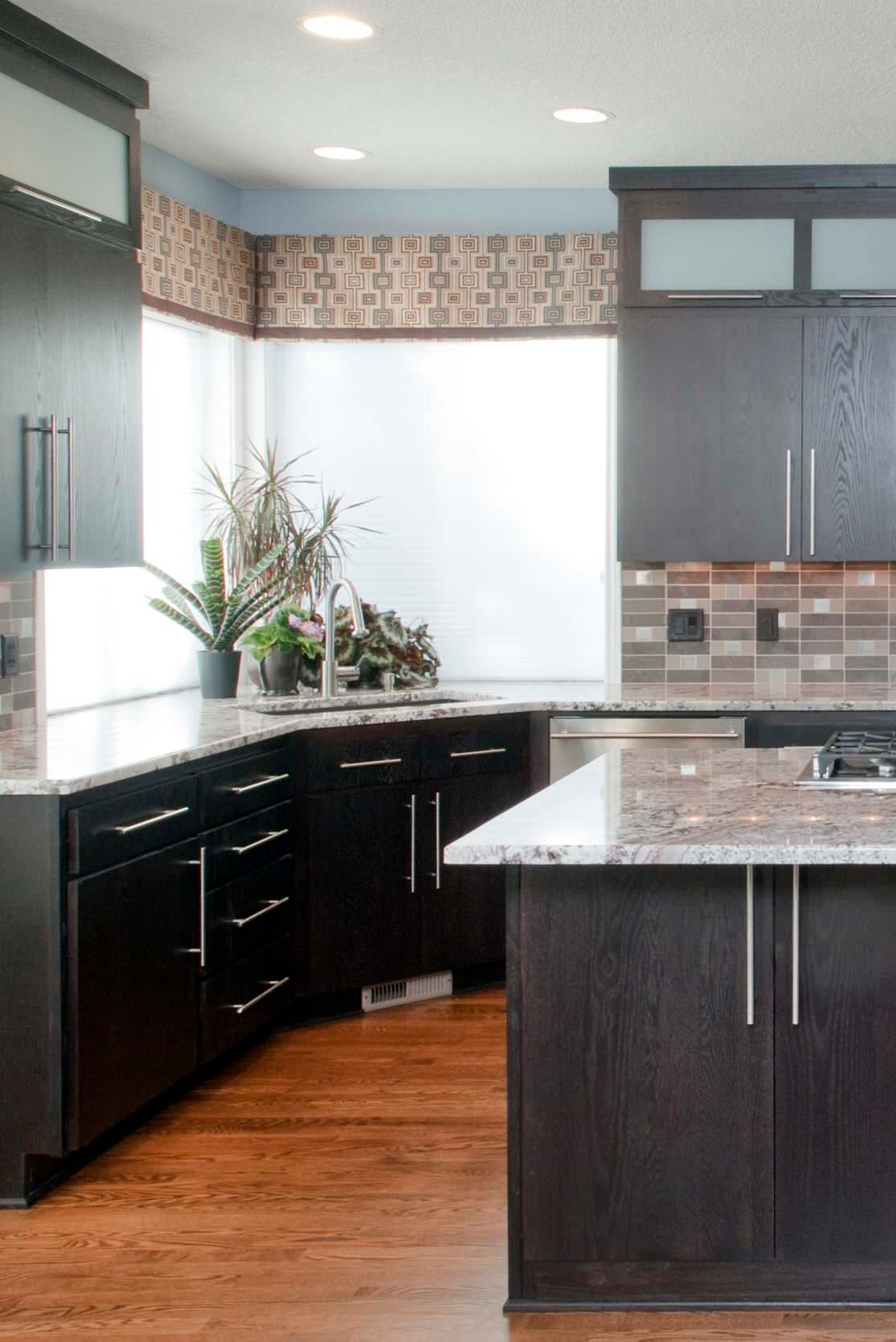 Dark Espresso Oak Cabinets Mosaic Backsplash White Spring Granite Counters Red Oak Color Floor