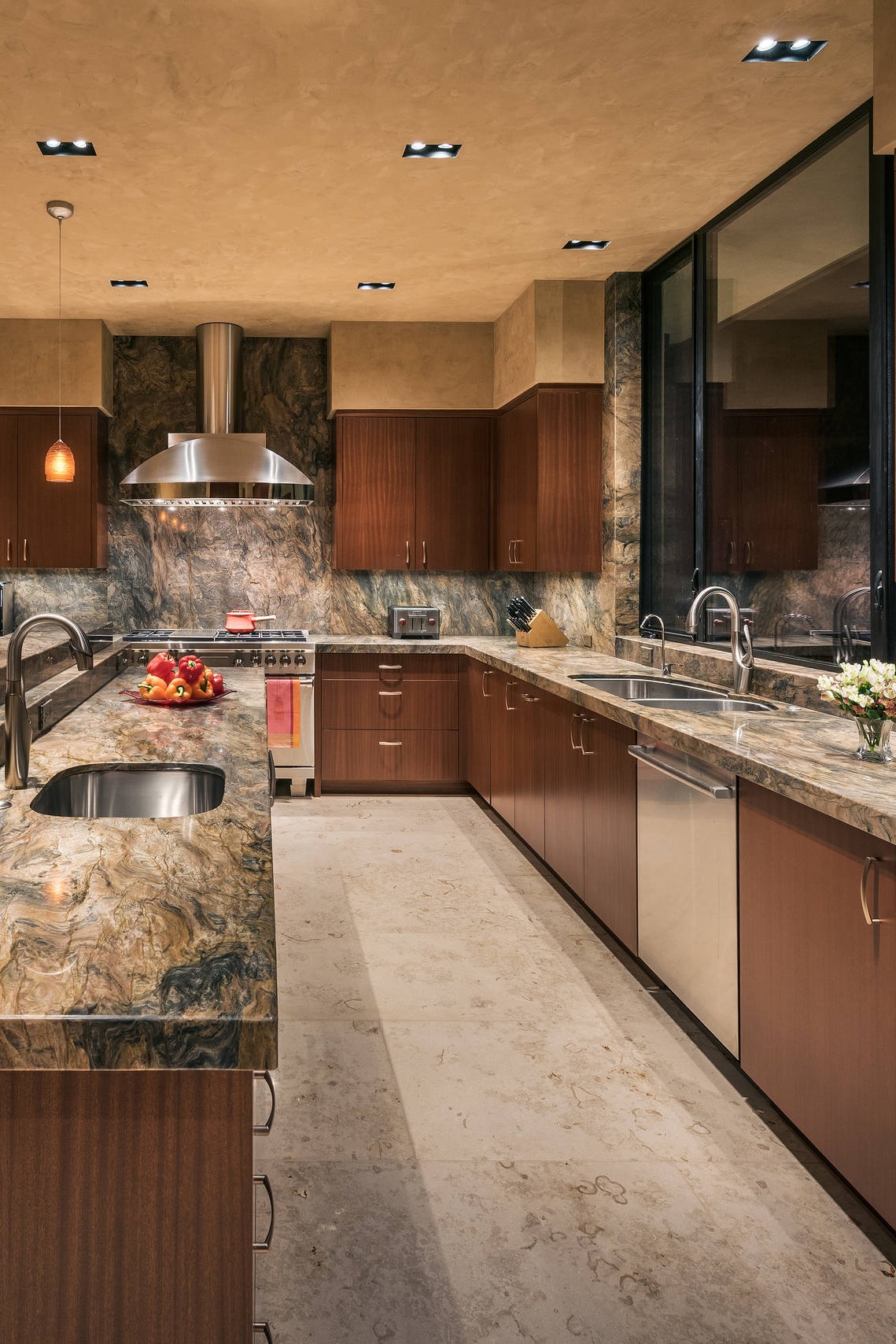 Fusion Quartzite Kitchen Countertops Backsplash Brown Cabinets Cream Floor Tiles