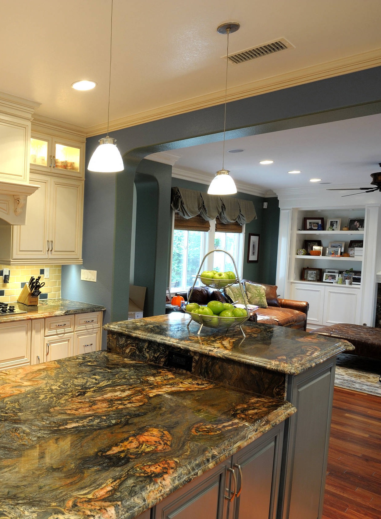 Fusion Quartzite Kitchen Countertops Cream Cabinets Yellow Backsplash