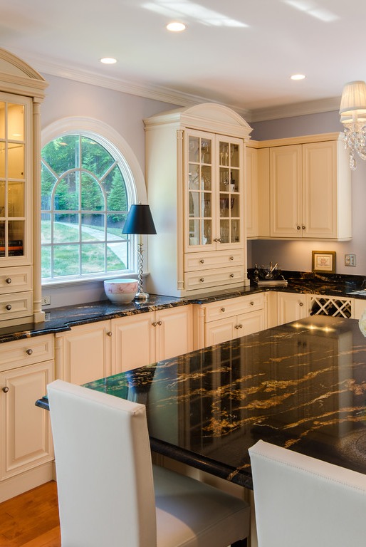 White Cabinets Black Fusion Granite Countertops Dark Hardwood Floor