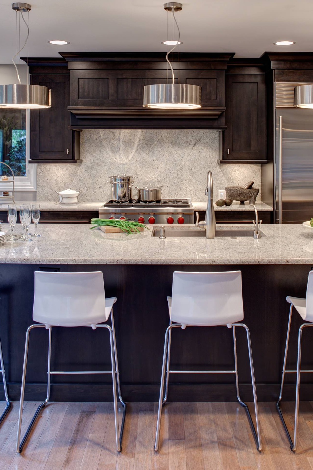 White Ice Granite Countertop Espresso Dark Cabinet Full Height Backsplash Hardwood Floor