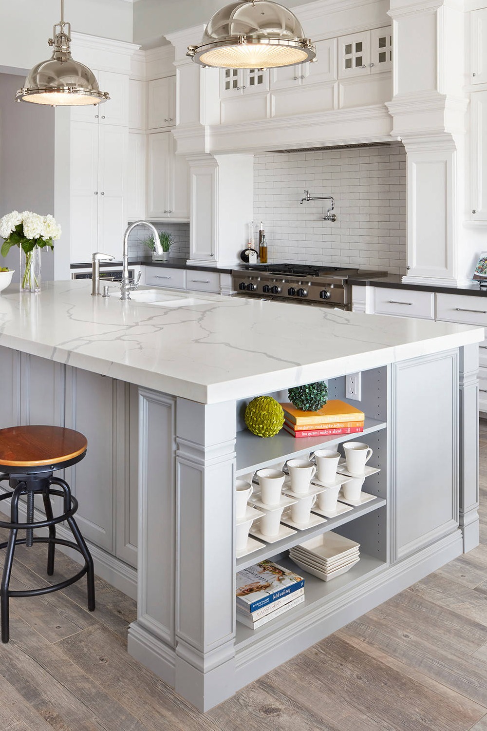 White Quartz Countertops Subway Style Backsplash Gray Cabinets Hardwood Floor