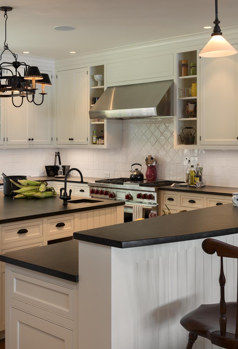 Absolute Black Honed Granite Countertops White Cabinets Tile Backsplash Dark Floor