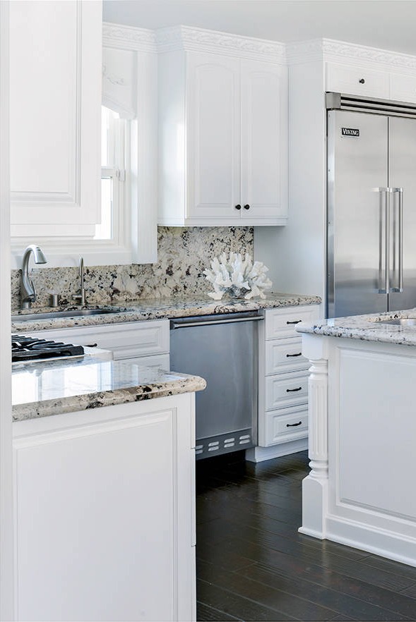 Alaska White Granite Countertops Cabinets Backsplash Dark Floor Tiles