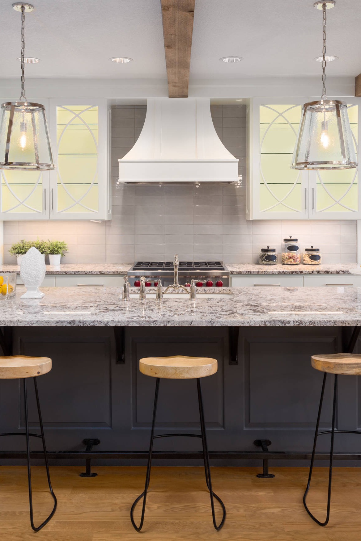 Bianco Antico Granite Countertops White Cabinets Light Gray Subway Tile Backsplash Hardwood Flooring