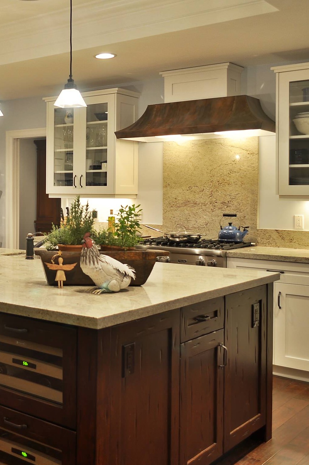 Dark Hardwood Floor Two Tone Kitchen Cabinets Cream Granite Countertops Full Height Backsplash