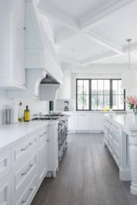 Dark Hardwood Floor White Quartz Countertops Cabinets Backsplash Tiles White Kitchen Design Ideas
