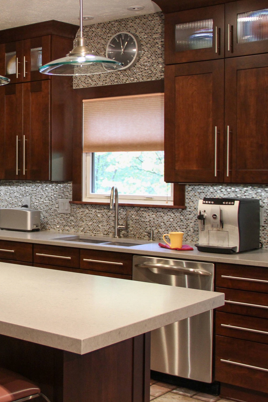 Dark Shaker Kitchen Cabinets Mosaic Tile Backsplash Gray Quartz Countertops Stone Tile Floor