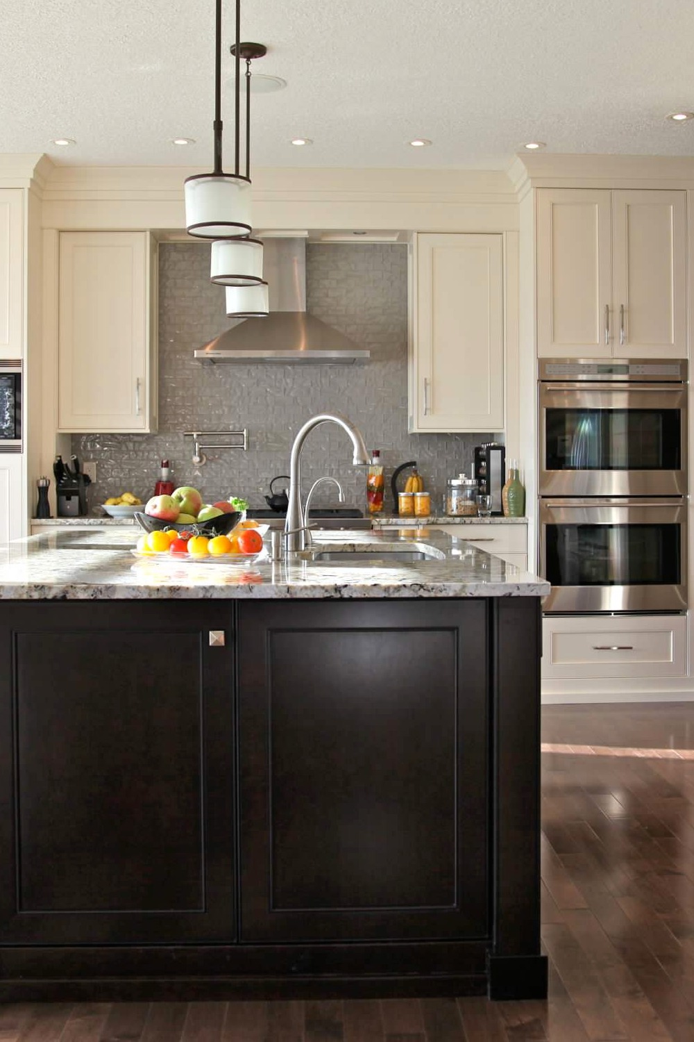 Gray Backsplash Tiles Two Tones Kitchen Cabinets Granite Countertops Dark Hardwood