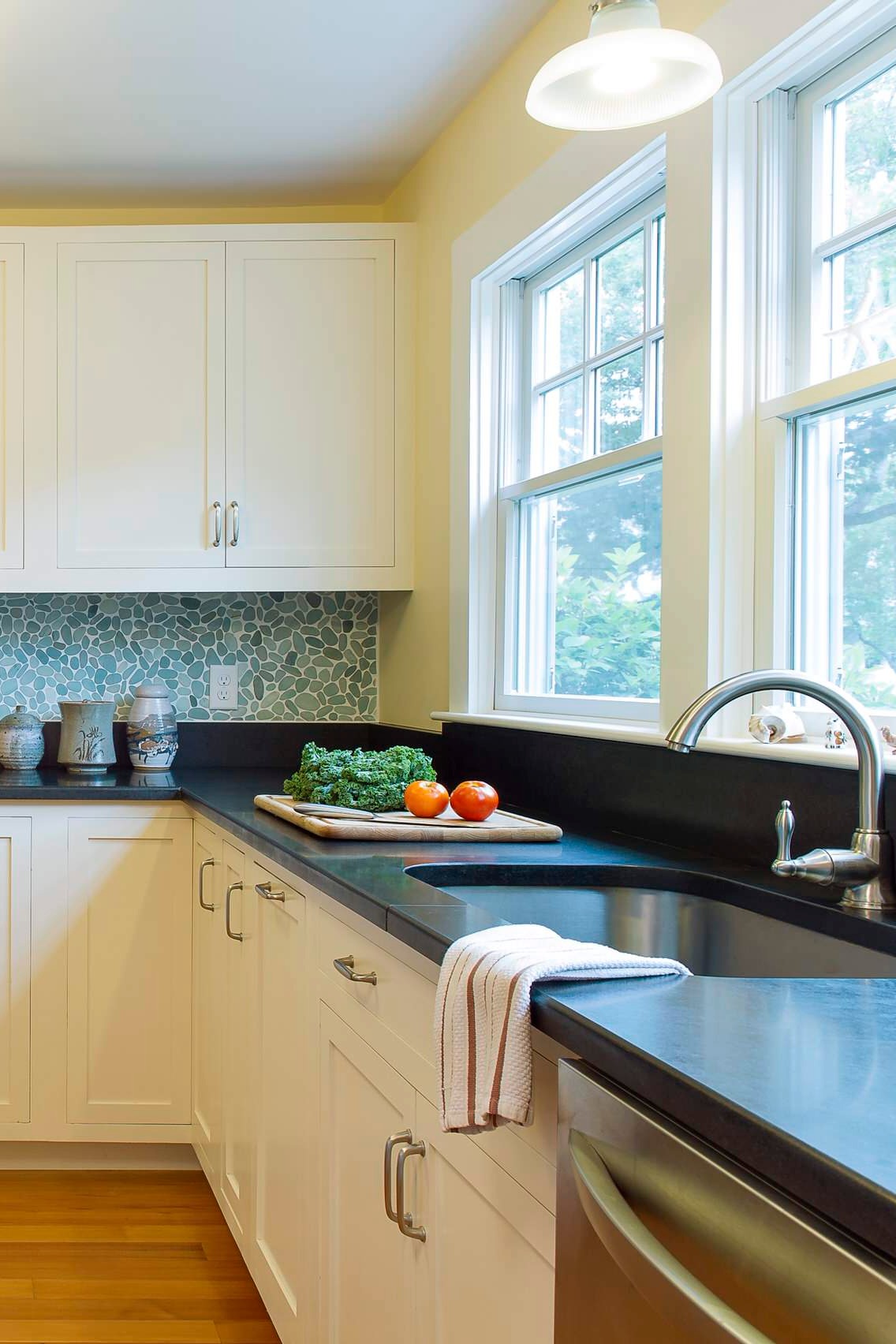 Mix Blue Pebble Tile Backsplash Light Oak Color Flooring Absolute Black Honed White Shaker Cabinets