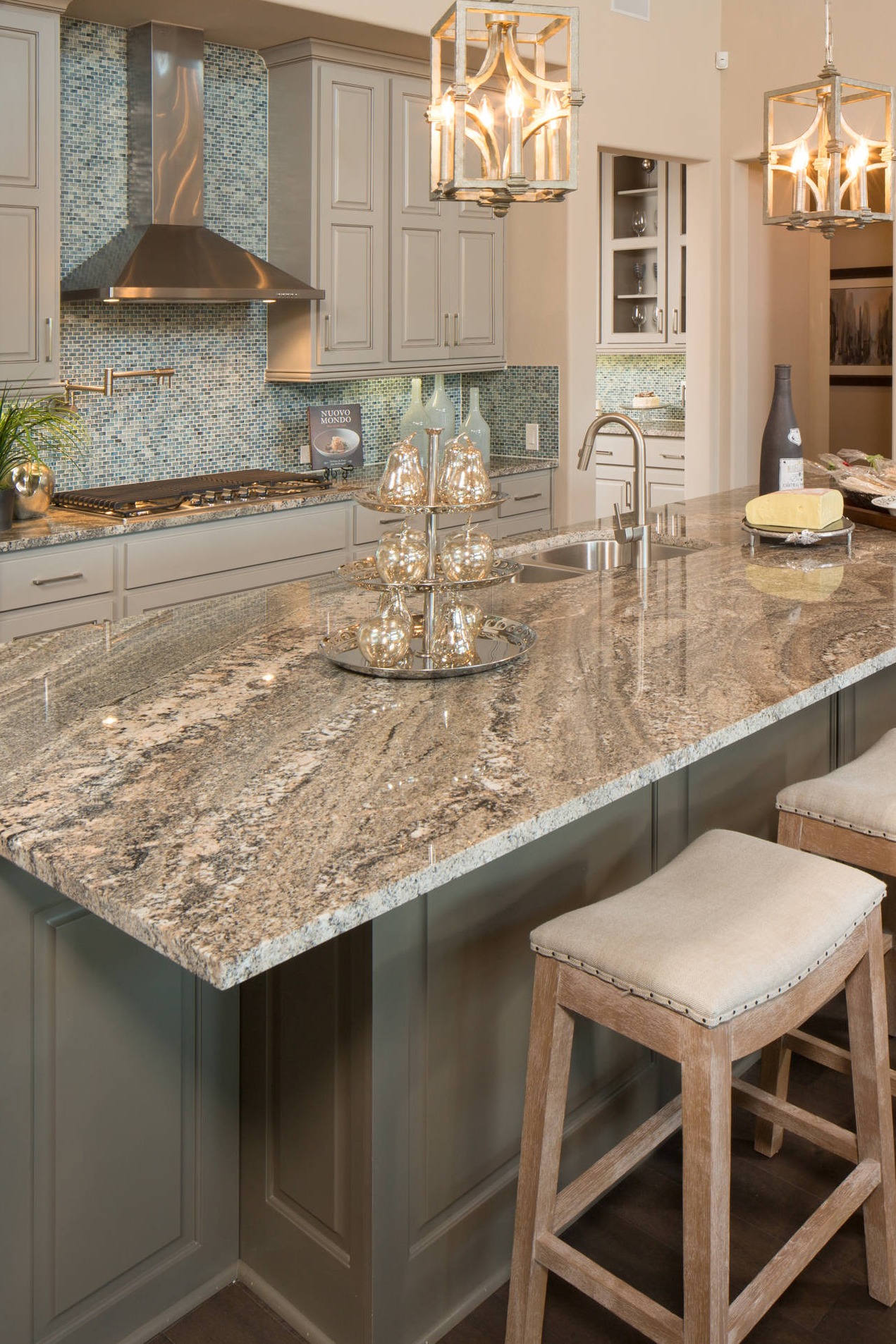 Monte Carlo Bordeaux Granite Countertops Light Oak Hardwood Floor White Kitchen Gray Island Cabinets Glass Backsplash copy