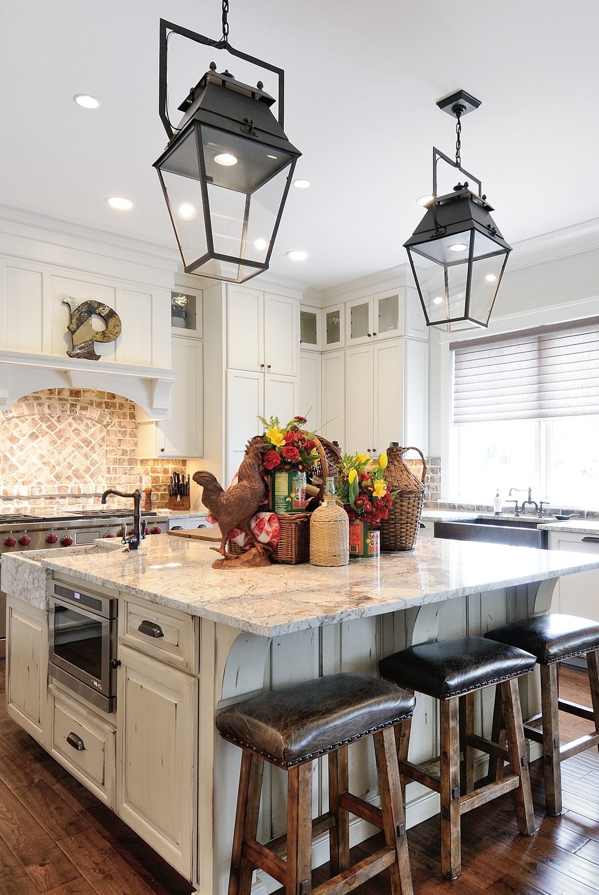 Red Brick Backsplash White Granite Countertops Vintage Cabinets Dark Wood Floor