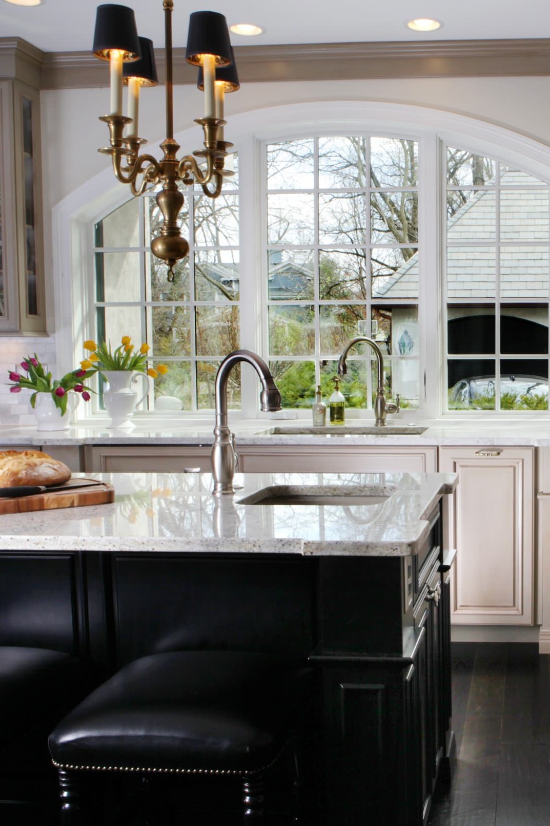 Rich Dark Hardwood Two Tone Kitchen Cabinets River White Granite Countertops Marble Backsplash