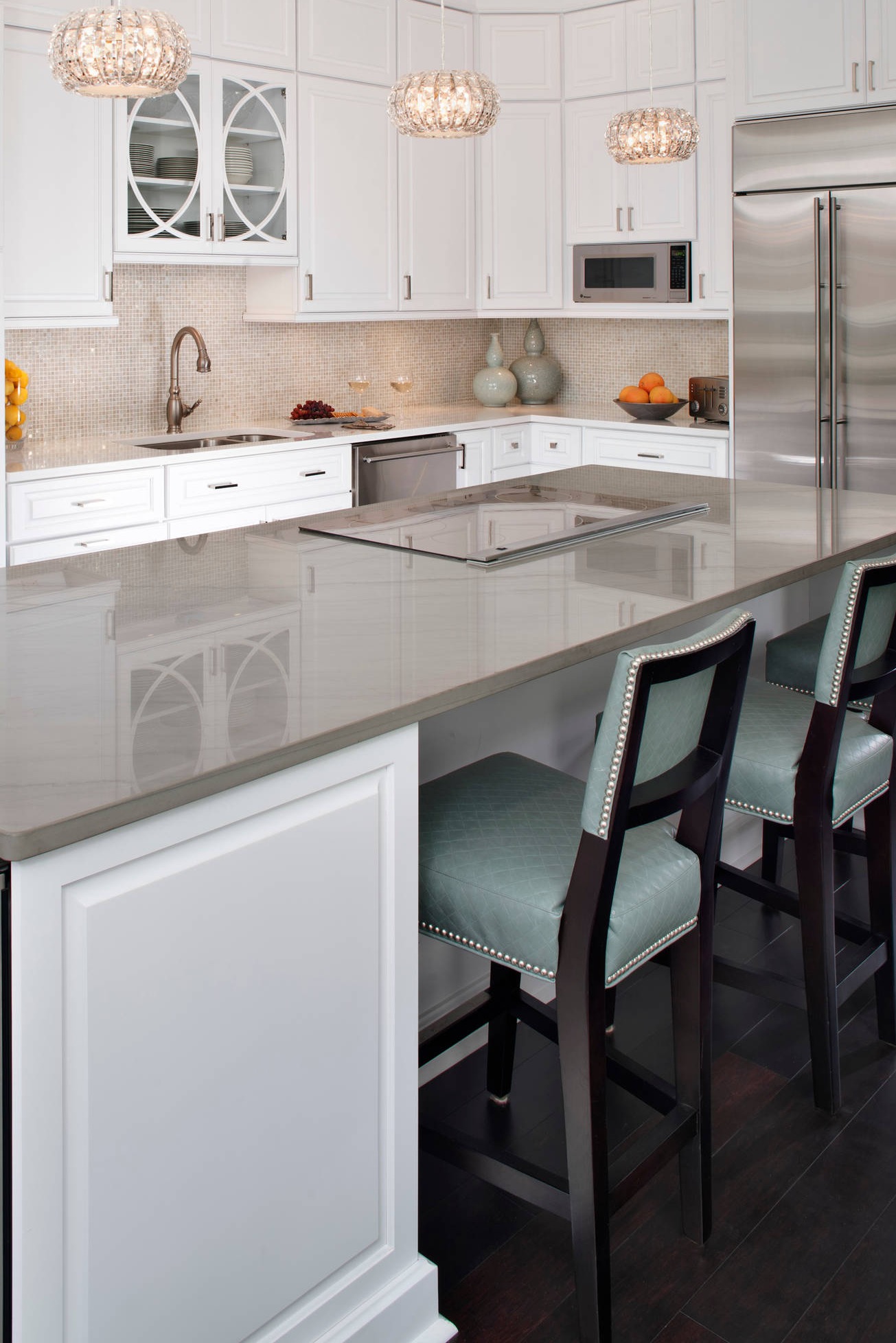 Two Tone Counters Dark Hardwood Floor White Cabinets Mosaic Backsplash Tiles