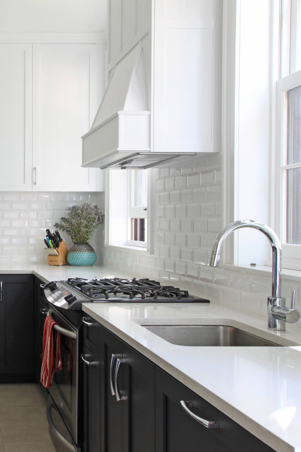 Two Tone Kitchen Cabinets White Quartz Countertops Subway Tile Backsplash Gray Porcelain Floor