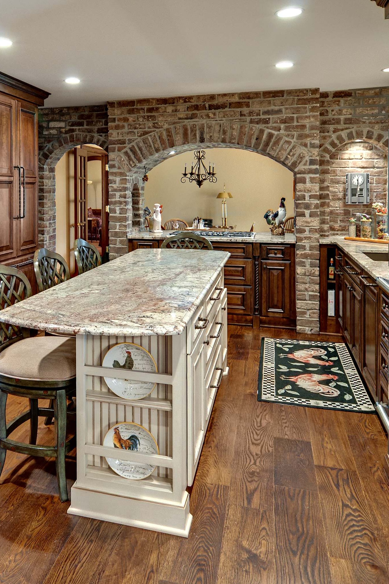 Walnut Stained Oak Plank Floor Rustic Kitchen Typhoon Bordeaux Granite Countertops
