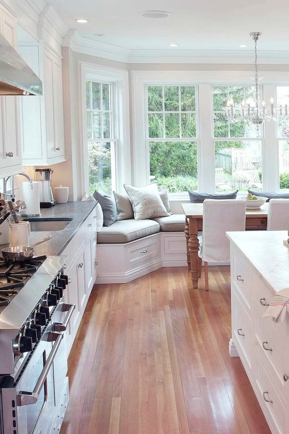 White Cabinets Gray Kitchen Marble Island Countertops Backsplash Natural Color Hardwood