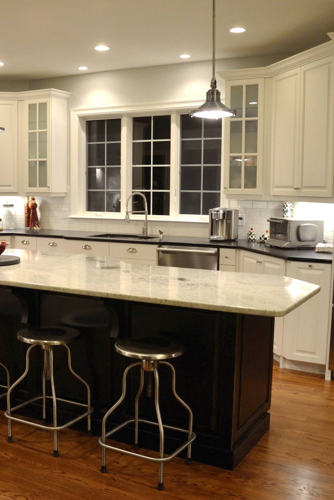 White Kitchen Cabinets Black Granite Countertops WhiteBacksplash Dark Hardwood Floor