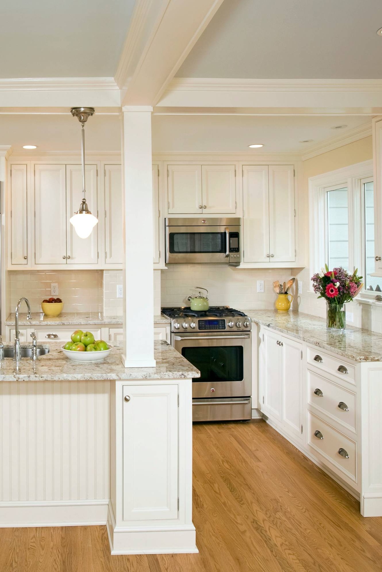 White Kitchen Cabinets Granite Countertops Tile Backsplash Medium Dark Hardwood Floor