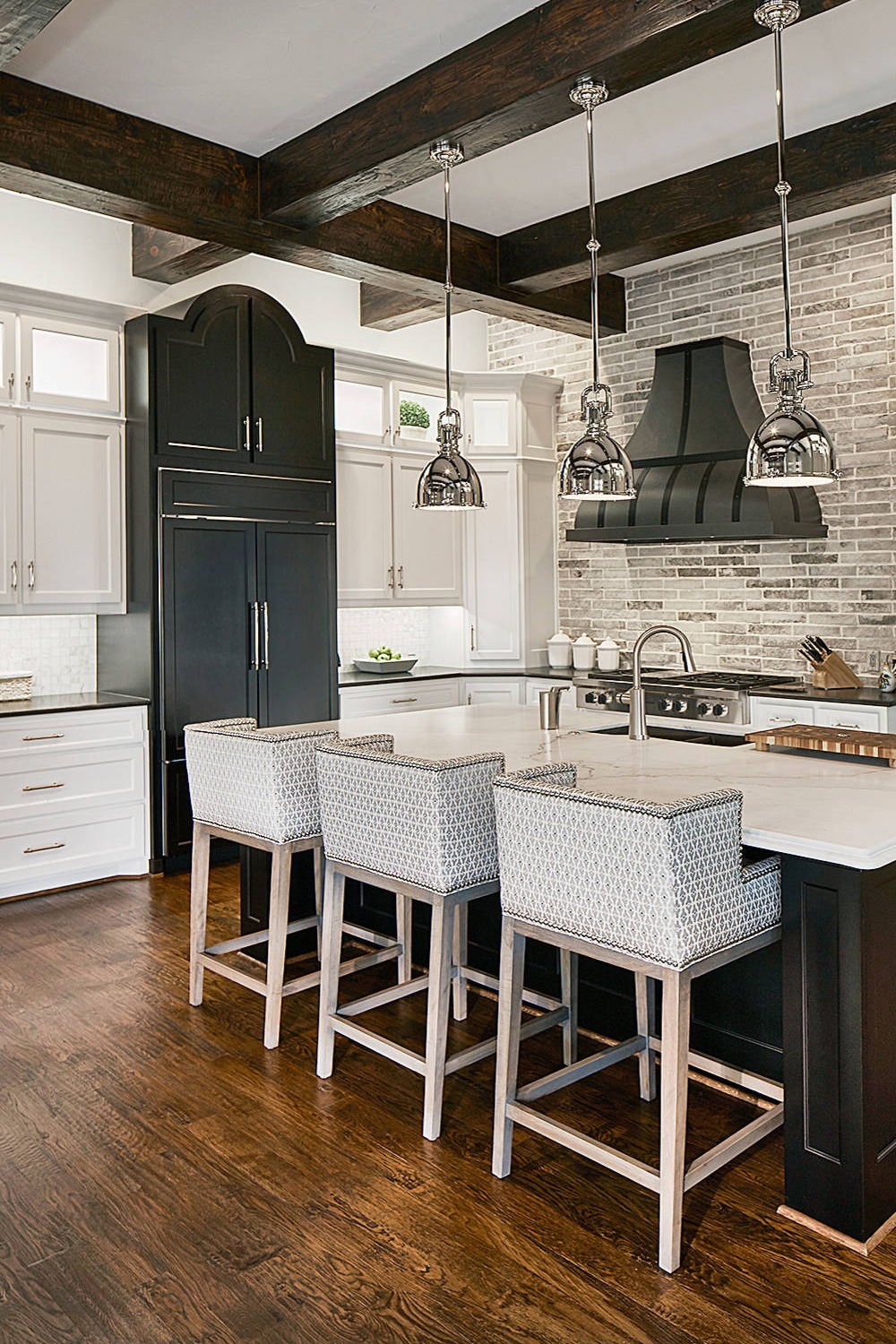 White Kitchen Cabinets Quartz Countertops Brick Backsplash Tiles Dark Island Hardwood Floor
