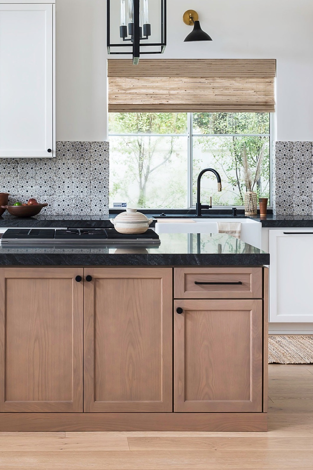 Black Granite Countertop Taupe Island White Kitchen Cabinet Motif Tile Backsplash Light Wood Floor