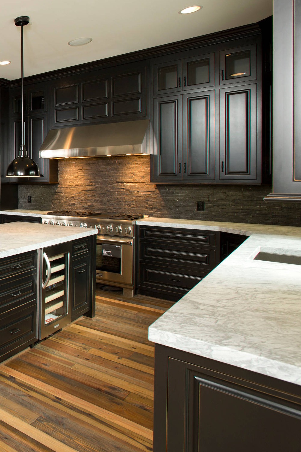Black Kitchen Cabinets White Marble Countertops Gray Slate Backsplash Multi Colored Hardwood Floor 1