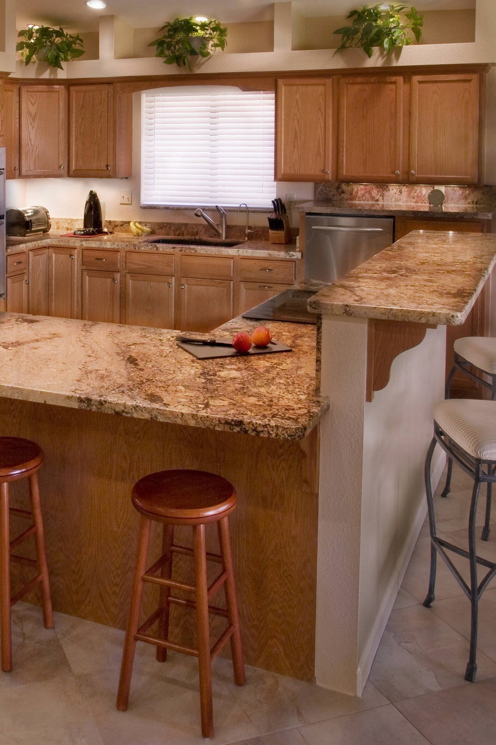 Cloudy Yellow Granite Kitchen Counters Oak Cabinets Cream Floor Tile