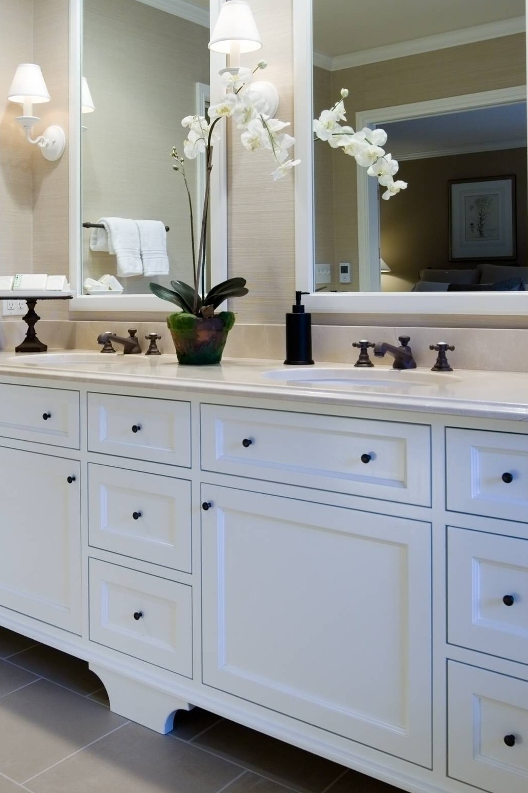 Crema Marfil Marble Vanity Countertop White Cabinet Gray Porcelain Floor Tile