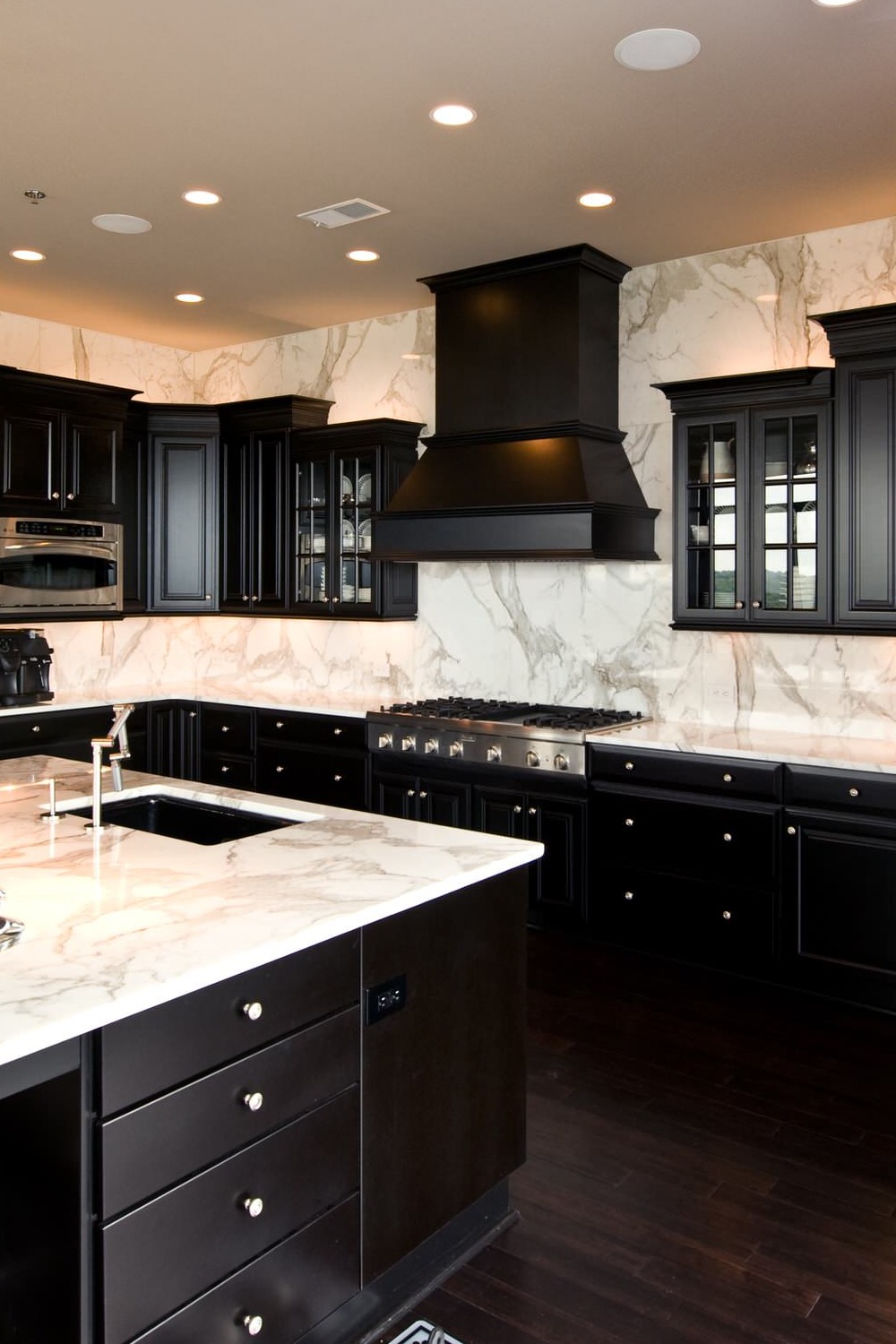 Dark Black Cabinets Hardwood Floor White Carrara Marble Countertops Full Height Backsplash
