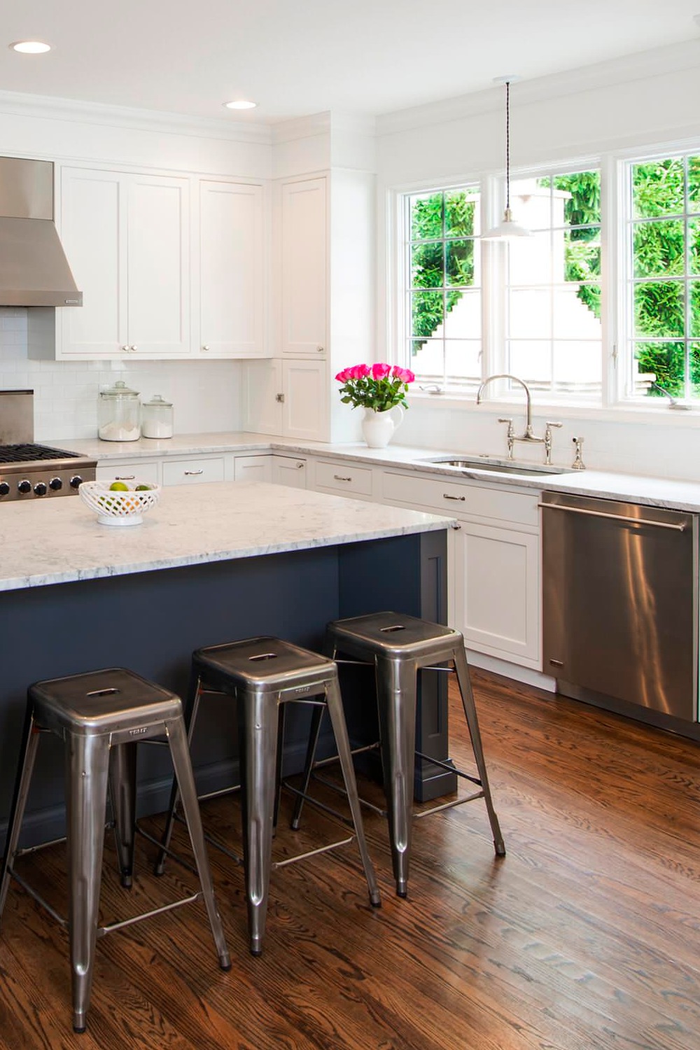 Dark Gray Island White Kitchen Cabinet Marble Countertops Subway Backsplash Tiles Hardwood Floor