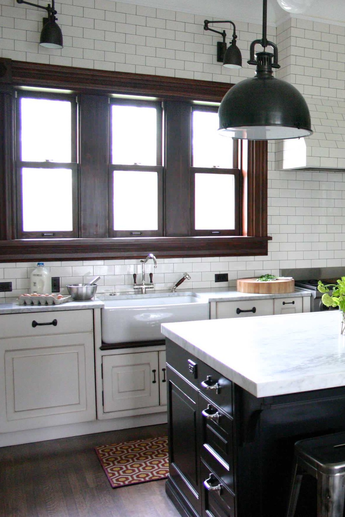 Dark Hardwood Floor Porcelain Farm Sink White Carrara Marble Countertops Cabinets Subway Backsplash