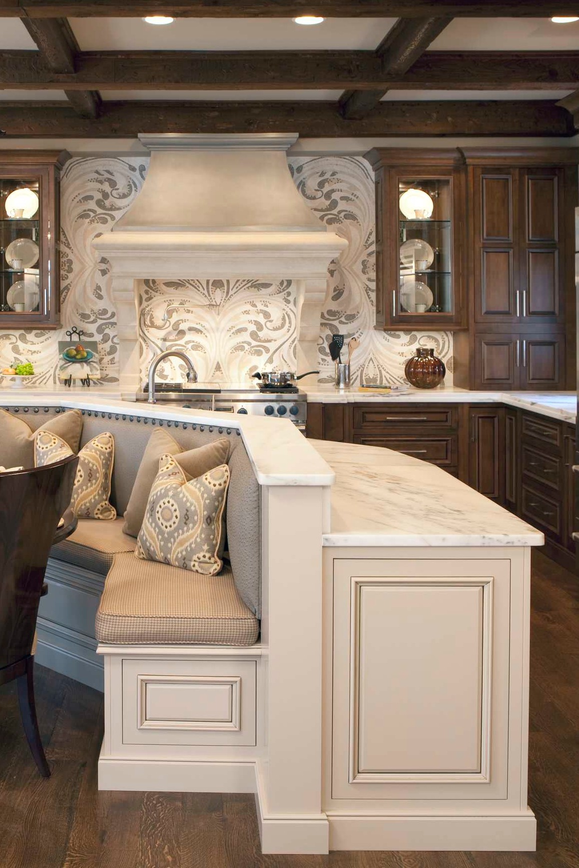 Dark Walnut Harwood Floor White Marble Countertops Two Tone Cabinets