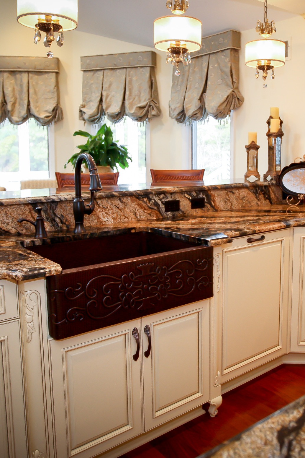 Magma Gold Granite Countertop Backsplash Glazed Cream Cabinet Dark Hardwood Floor.pg