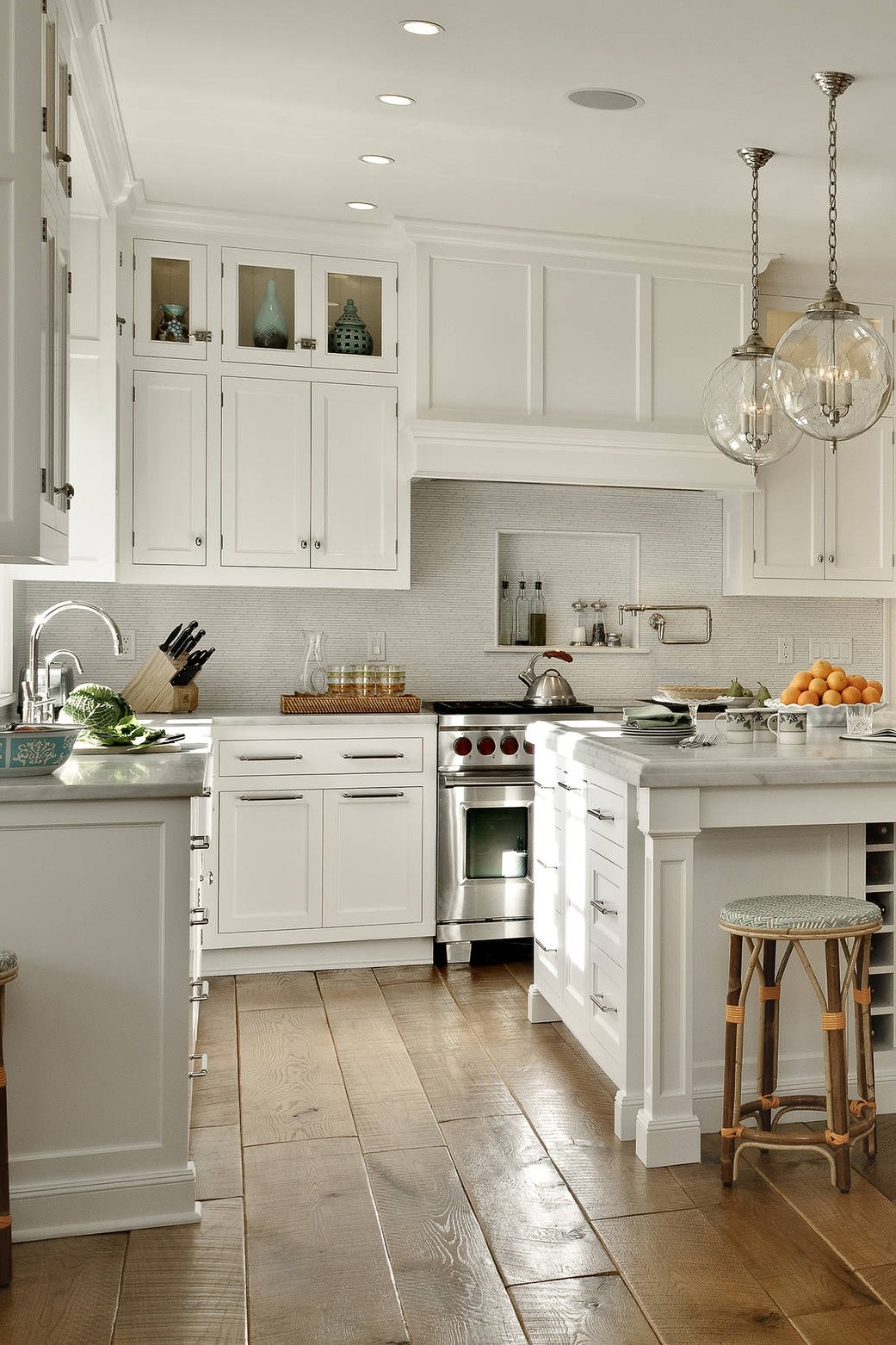 Modern White Cabinets Backsplash Marble Countertops Dark Hardwood Flooring