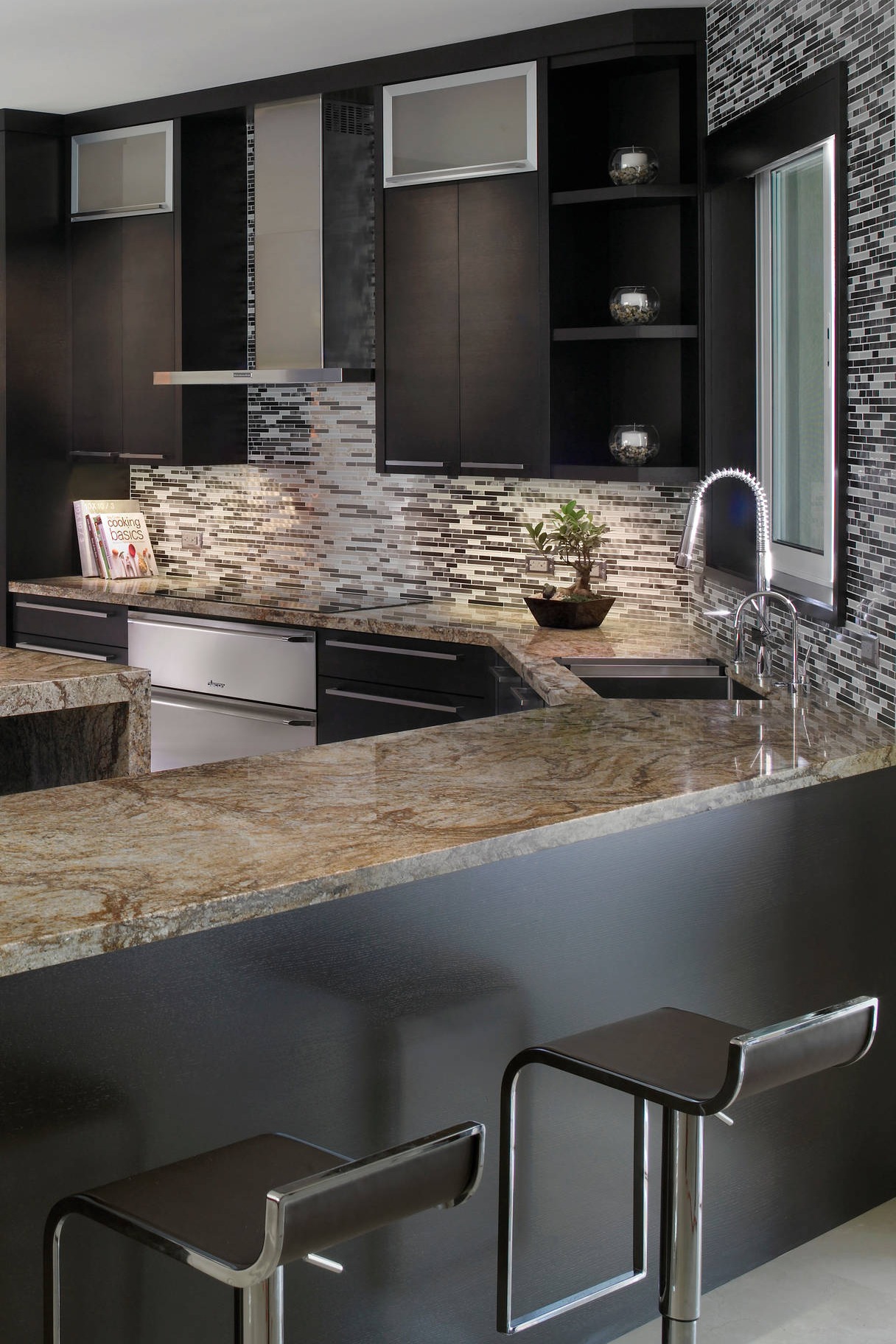 Tiberius Gold Granite Countertops Dark Cabinet Mosaic Tile Backsplash Gray Floor