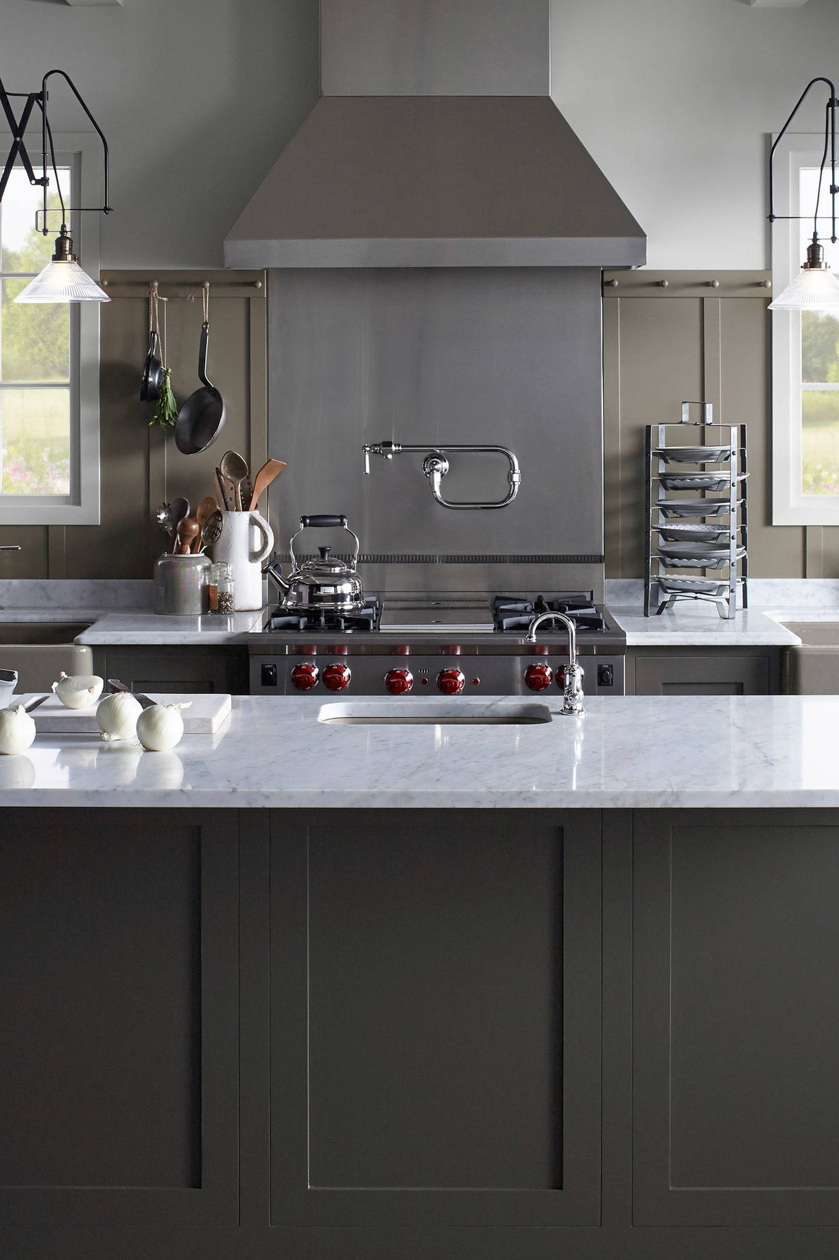 Two Farm House Sink Dark Gray Cabinets White Marble Countertops Hardwood Floor