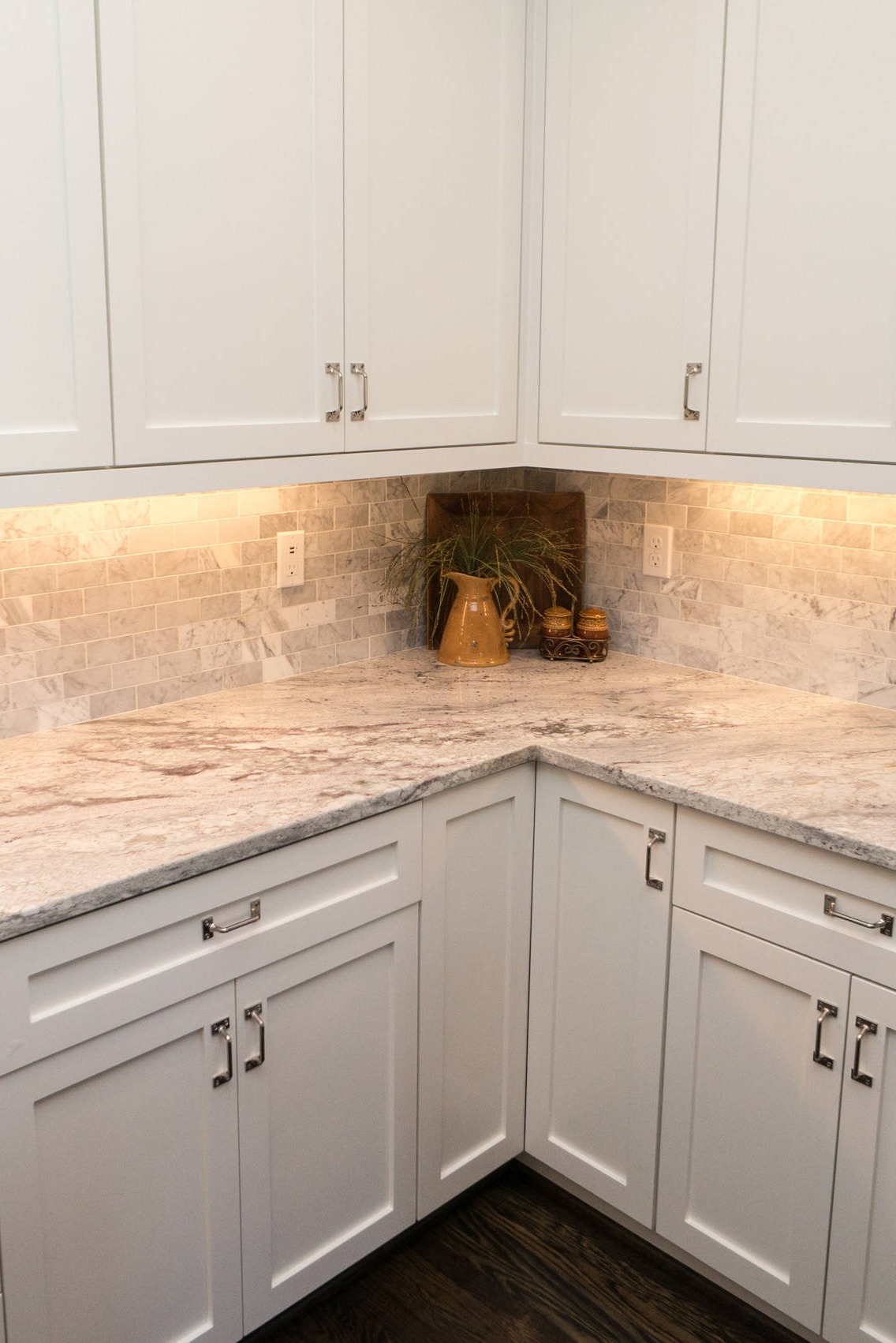 White Cabinets Glacier White Granite Countertops Marble Subway Backsplash Dark Hardwood Floor