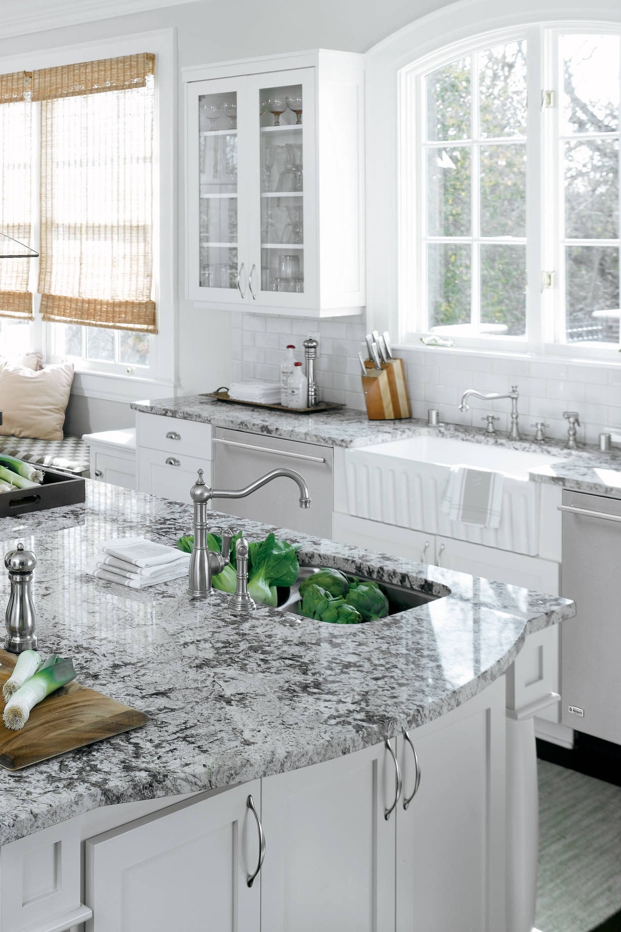 Marble Look White Countertops With Cabinets Subway Tiles Backsplash Dark Hardwood Floors