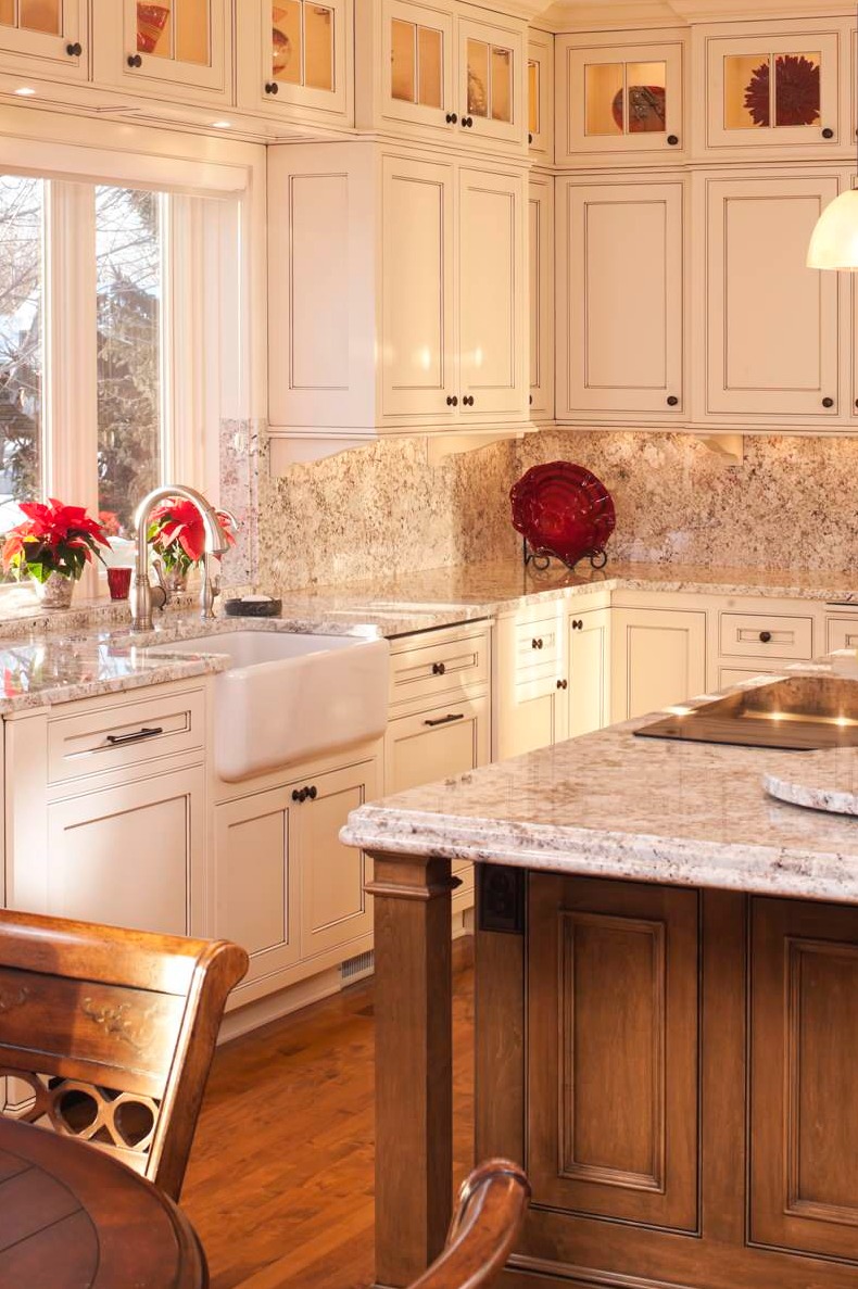 White Granite Countertops Full Height Backsplash Cabinets Dark Hardwood Floor