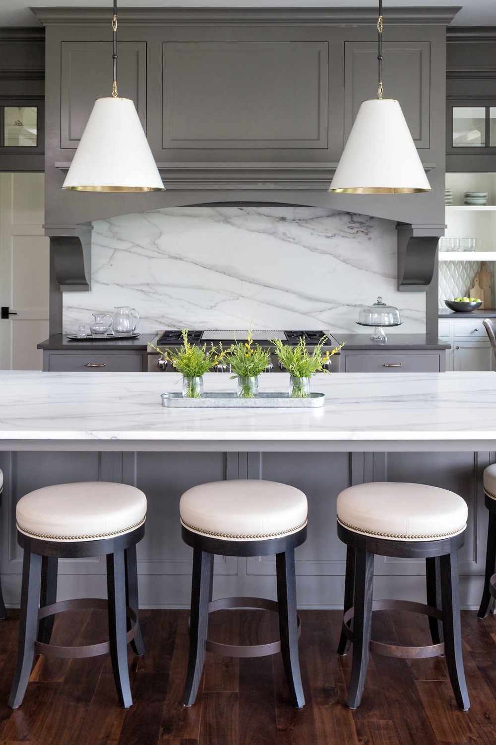 White Marble Countertop Backsplash Gray Cabinet Dark Hardwood Floor