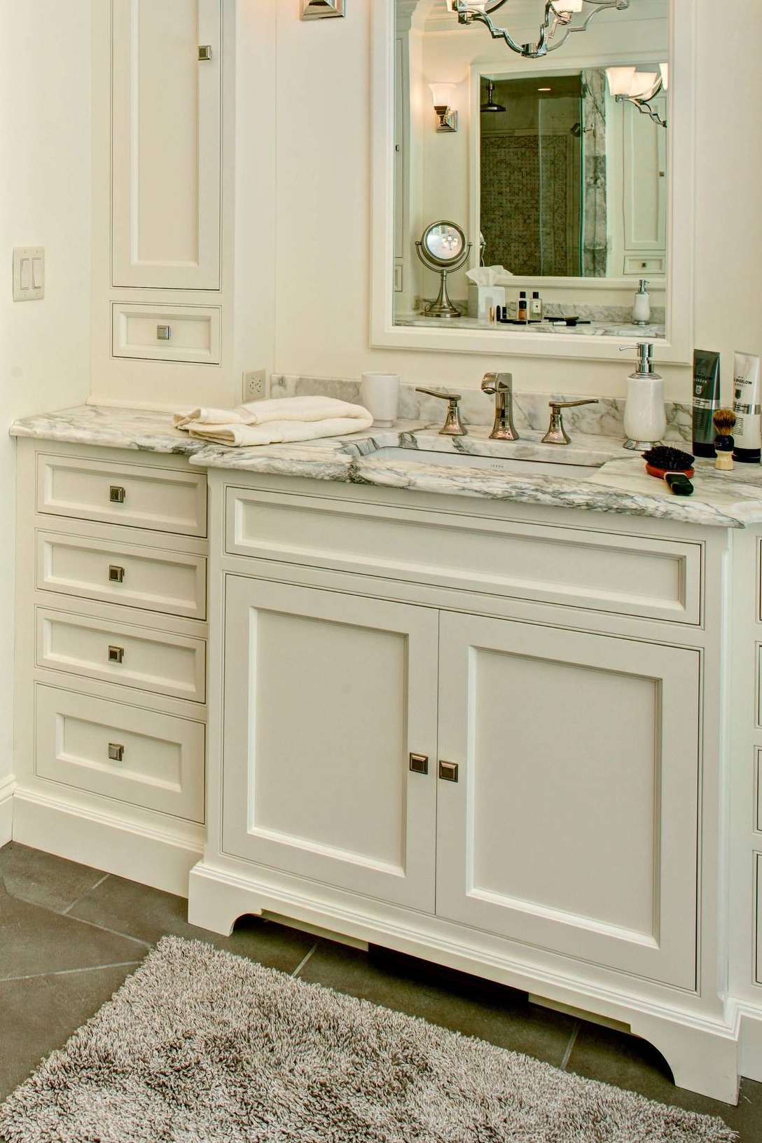 White Marble Countertop Cabinet Backsplash Dark Gray Porcelain Floor Tile