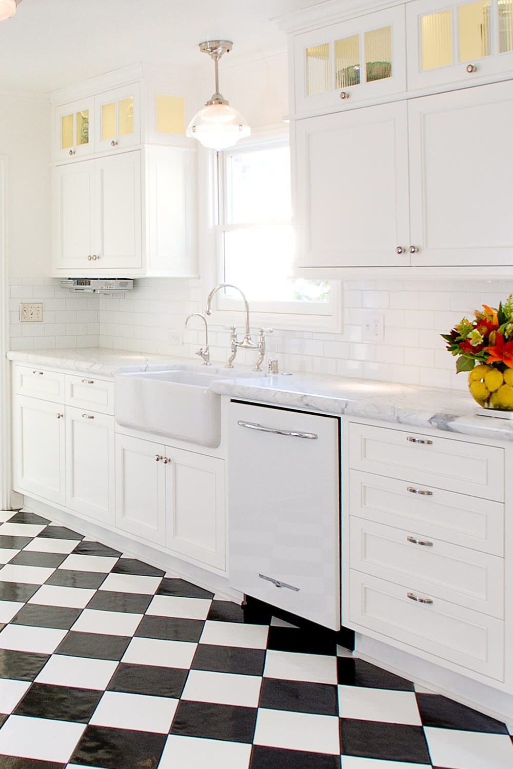White Marble Countertops Cabinets Subway Style Backpslash Checkered Tile Flooring